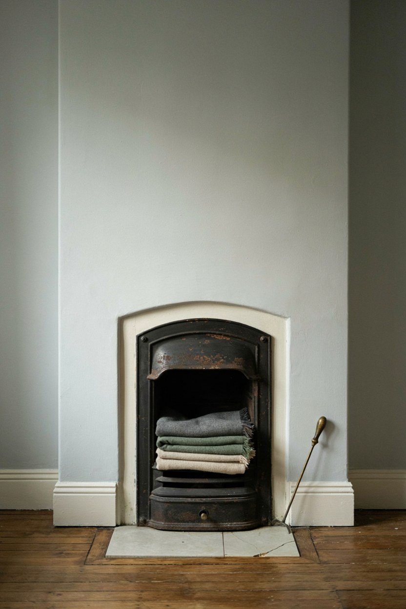 A small cast iron fireplace used as a focal point wall in a dressing room