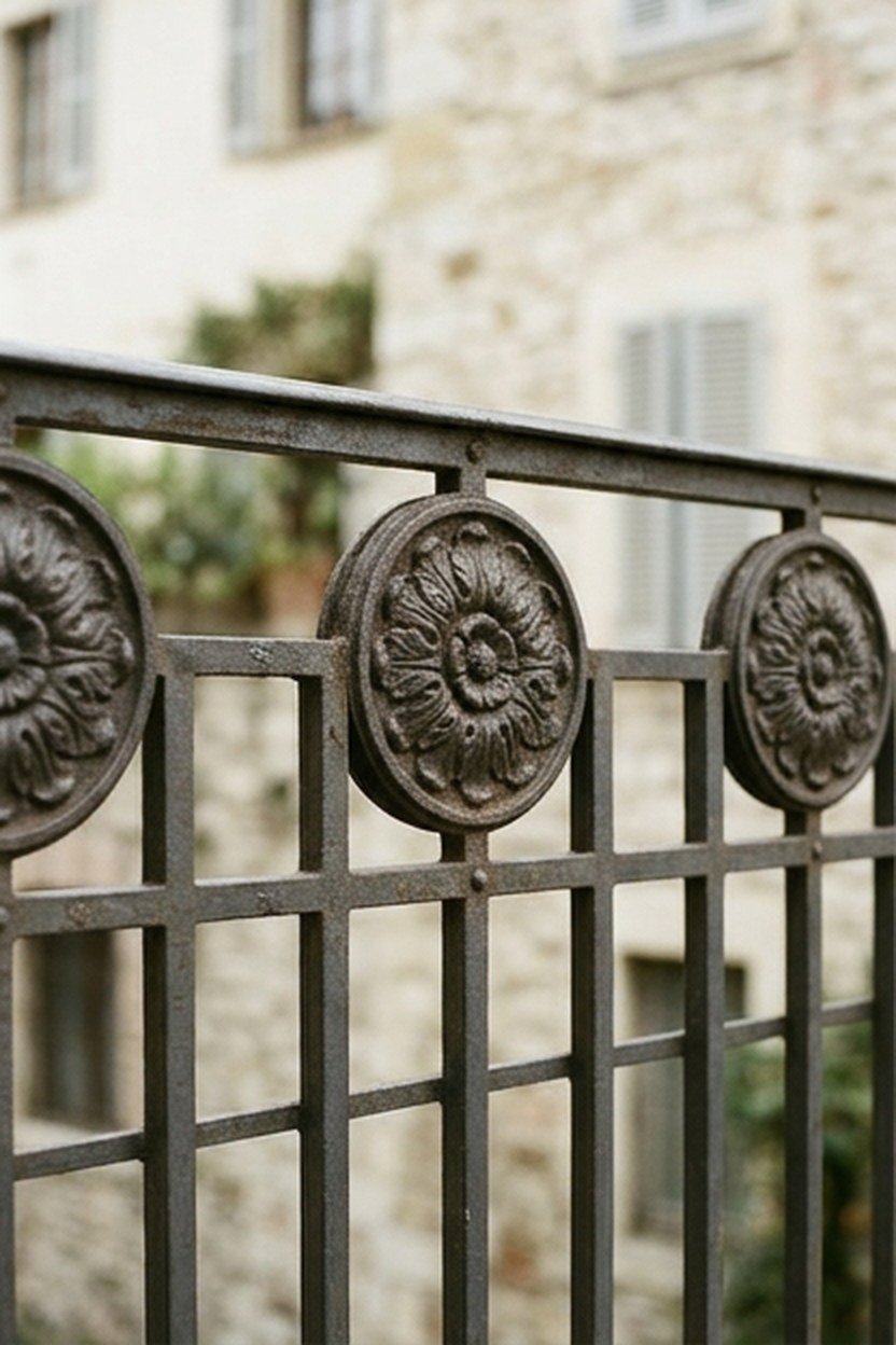 Cast iron rosette accent medallions on a Victorian balcony grill