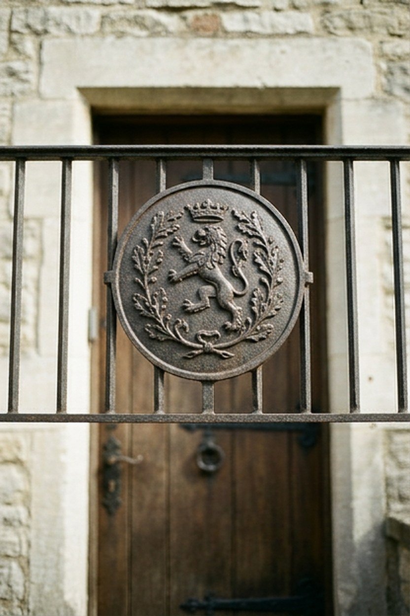 A cast iron shield and crest motif centered on a Victorian balcony panel