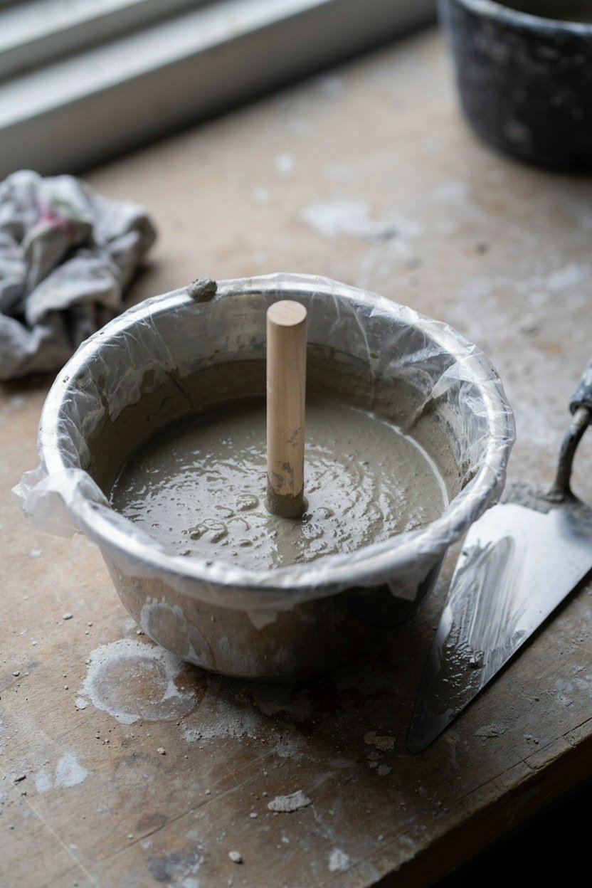 Concrete curing in a kitchen bowl used as a toadstool cap mould