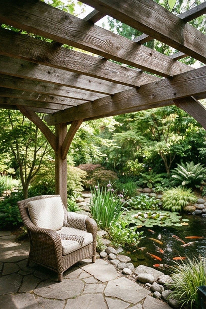 A cedar pergola shading a seating area beside a koi pond