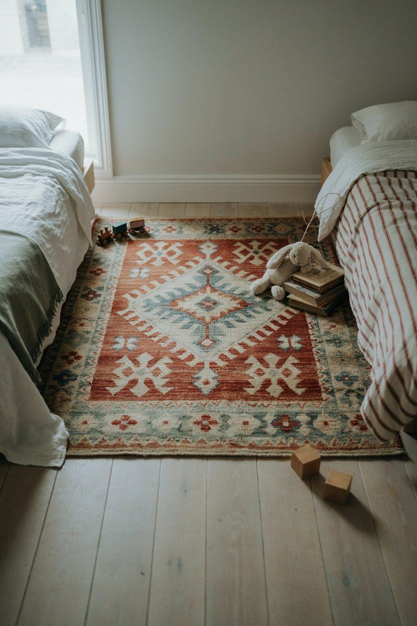 One rug centred on the floor between two children's beds