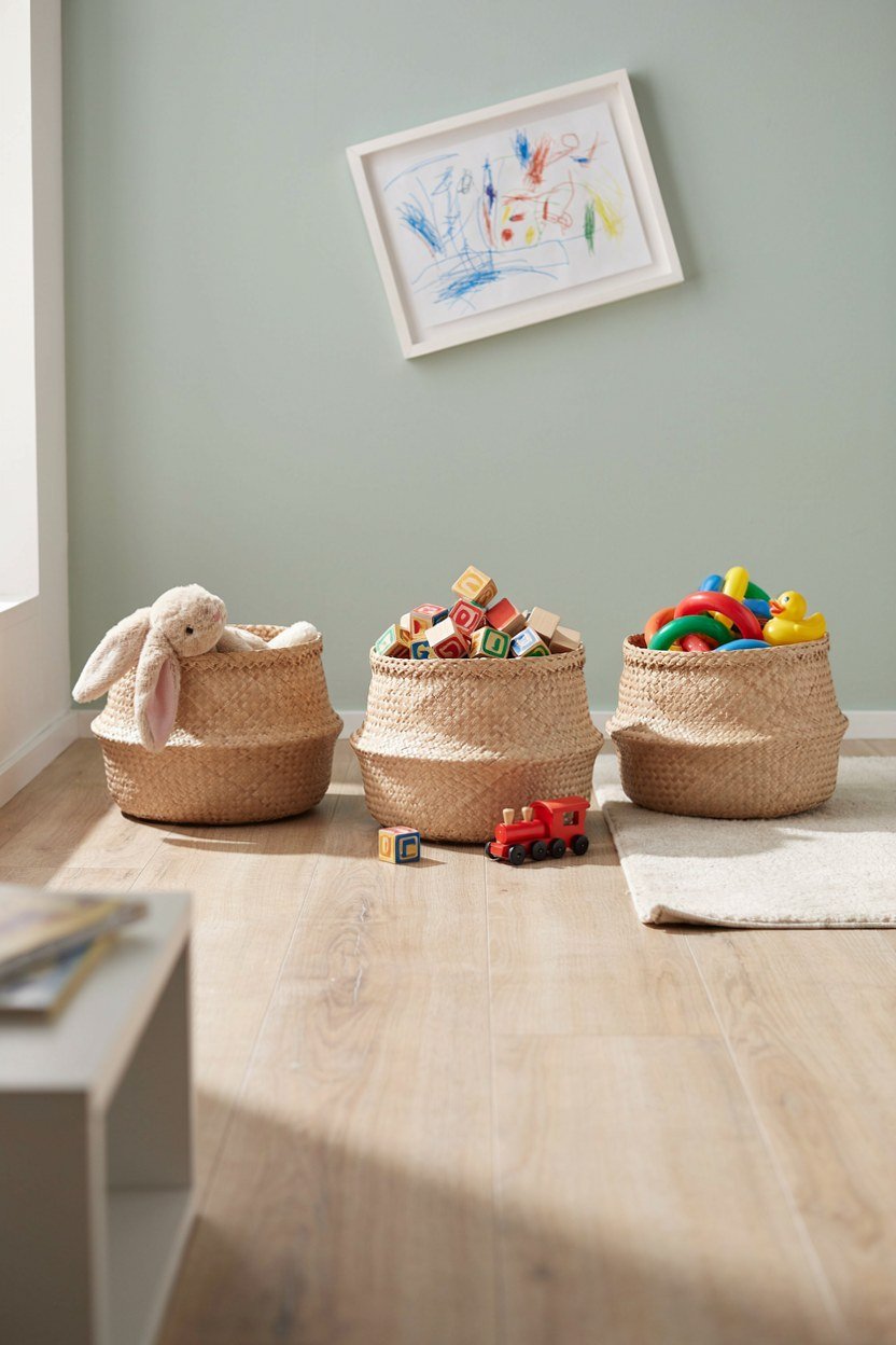 Open toy baskets stored centrally in a shared kids room