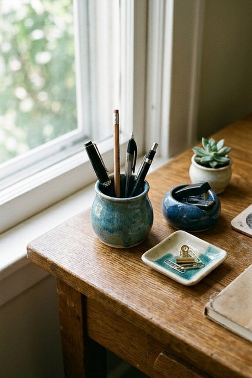 Ceramic desk accessories with a matte glaze on an office desk