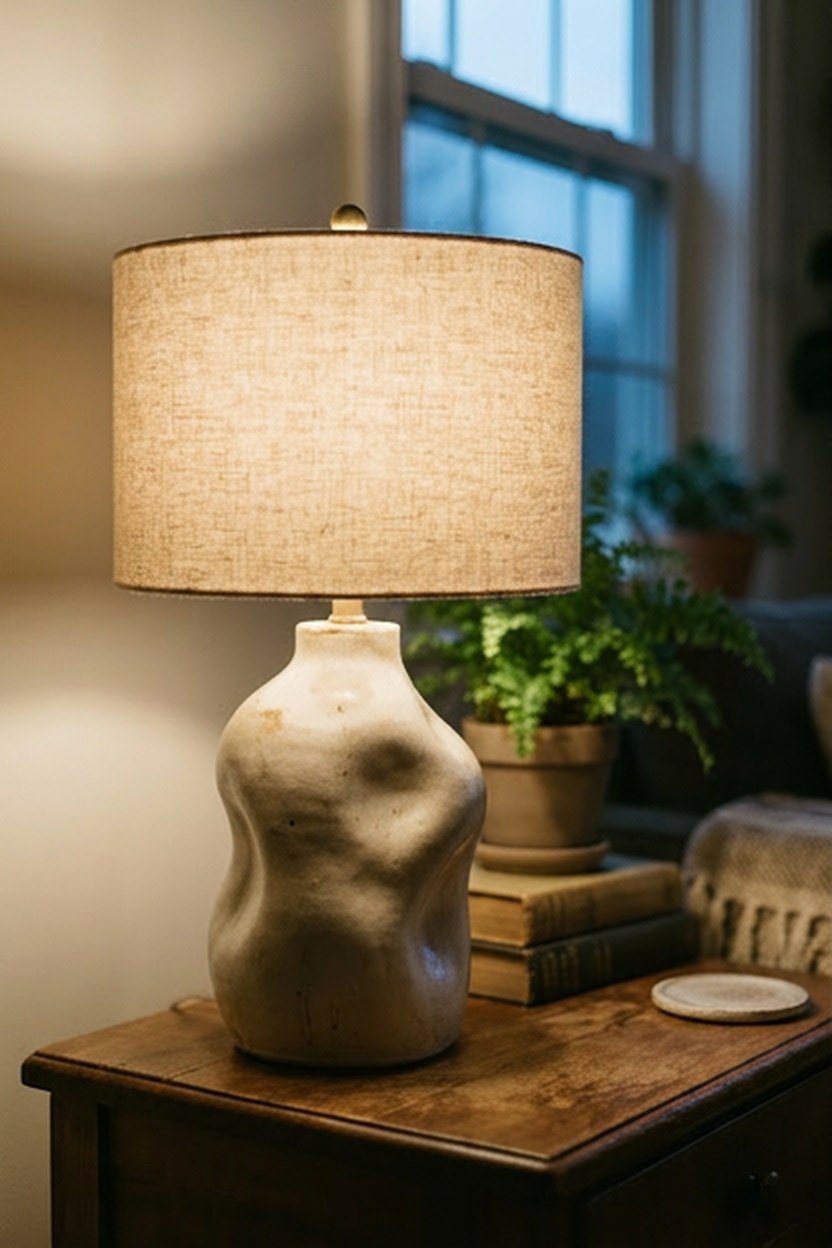 A ceramic table lamp with an organic form in a library