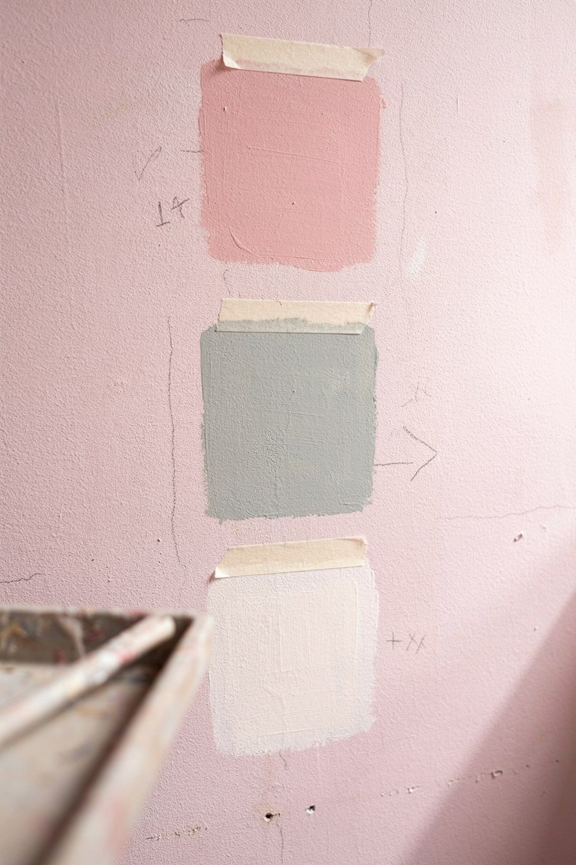 Large chalky paint swatches taped to a bare plaster wall in a dressing room