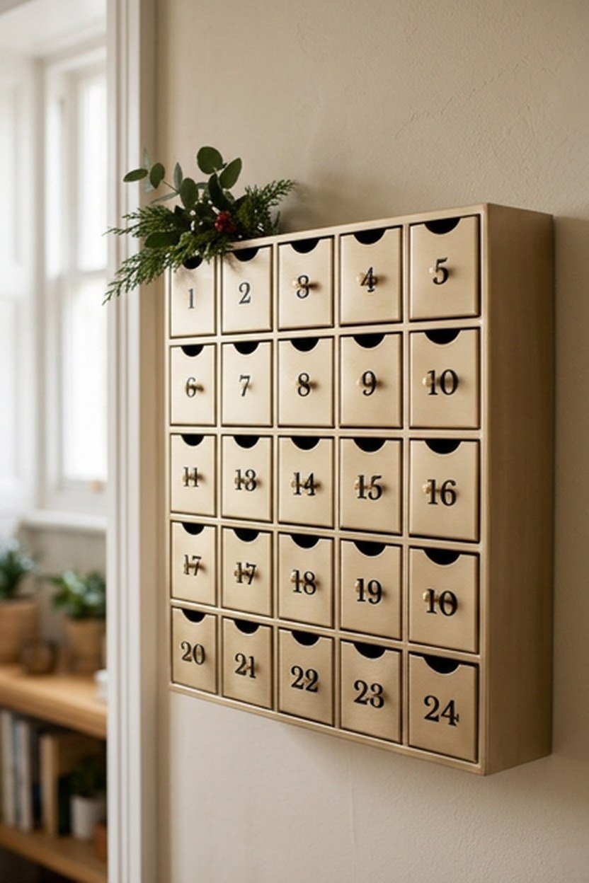 A champagne gold advent calendar displayed on a wall