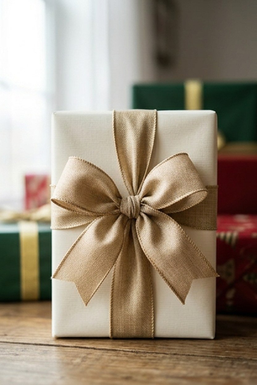 A champagne gold ribbon bow tied on wrapped holiday gifts