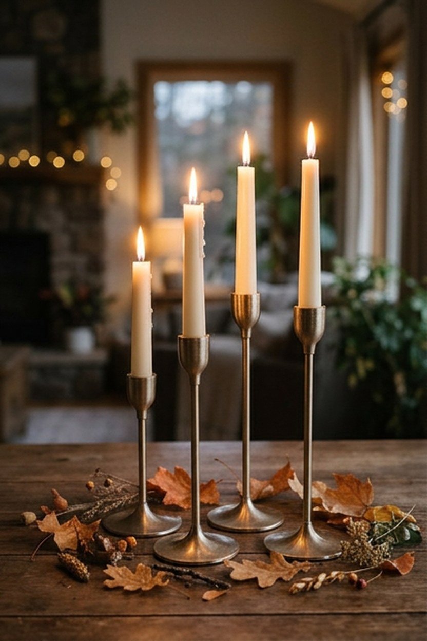 Champagne gold candle holders with cream taper candles arranged together