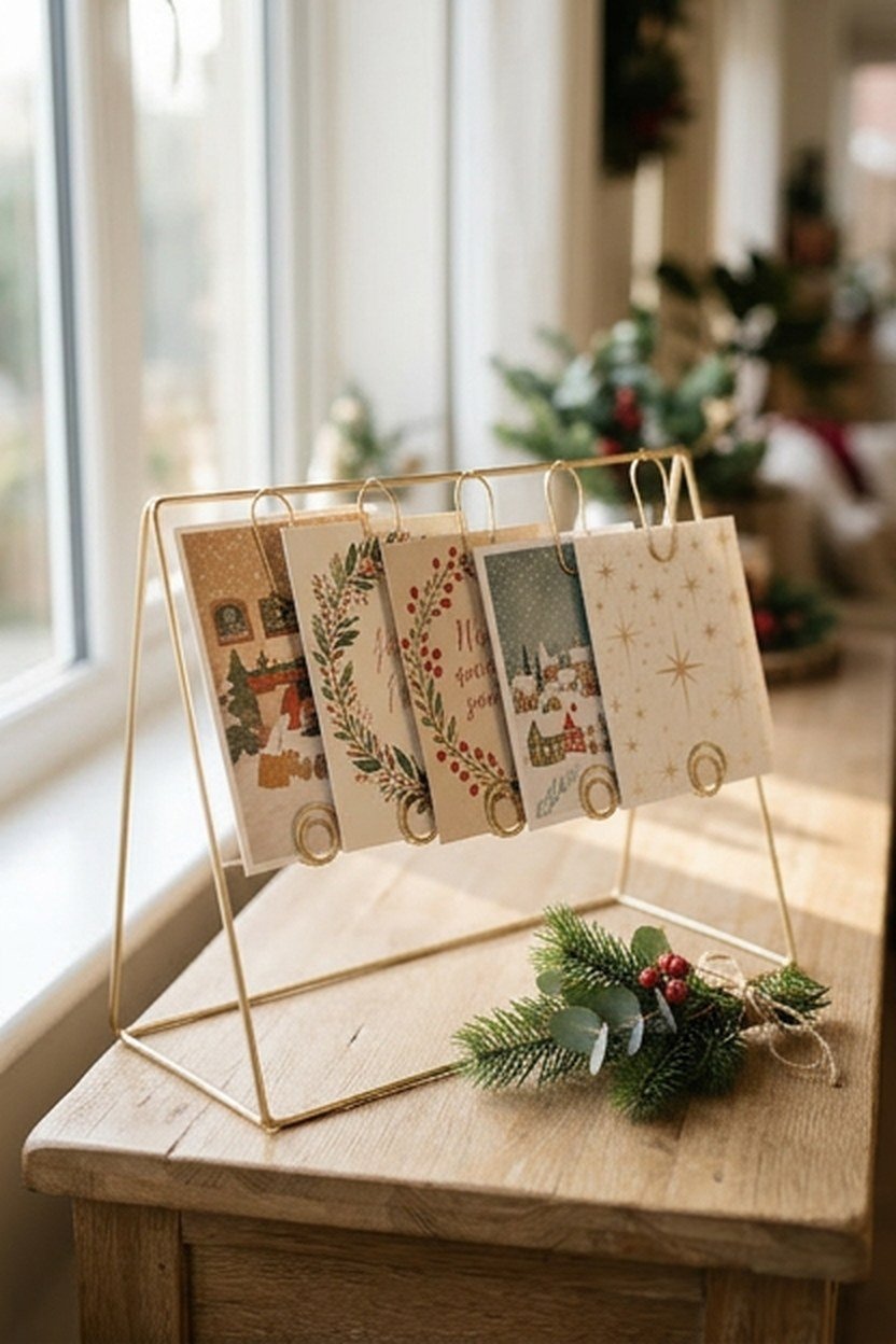 A champagne gold holiday card display stand on a console table