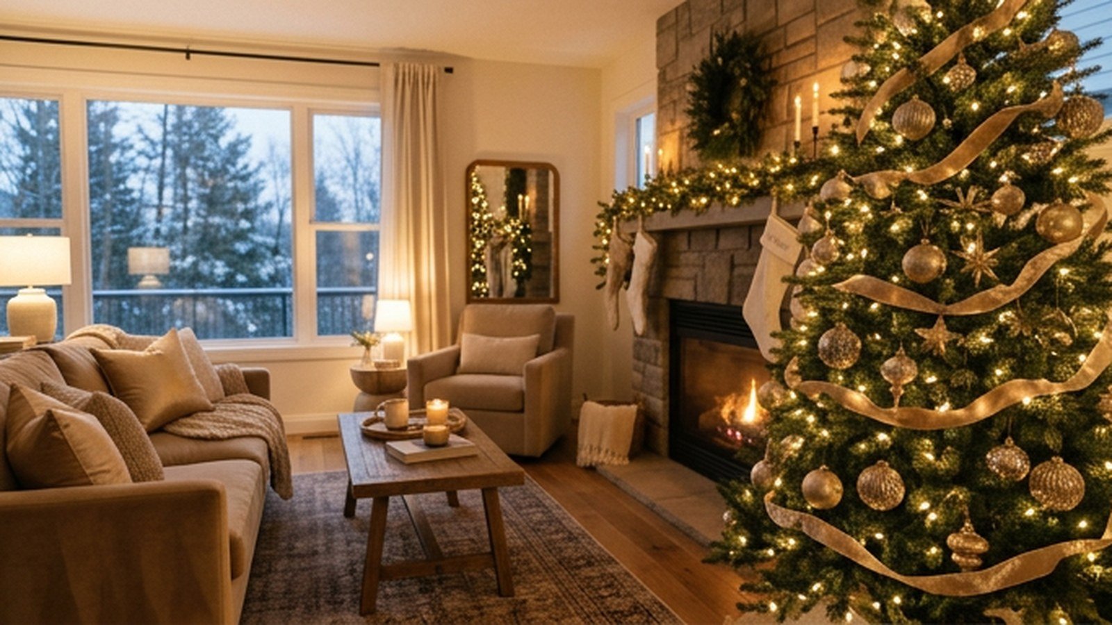 A living room decorated with champagne gold holiday decor and a warm lit tree