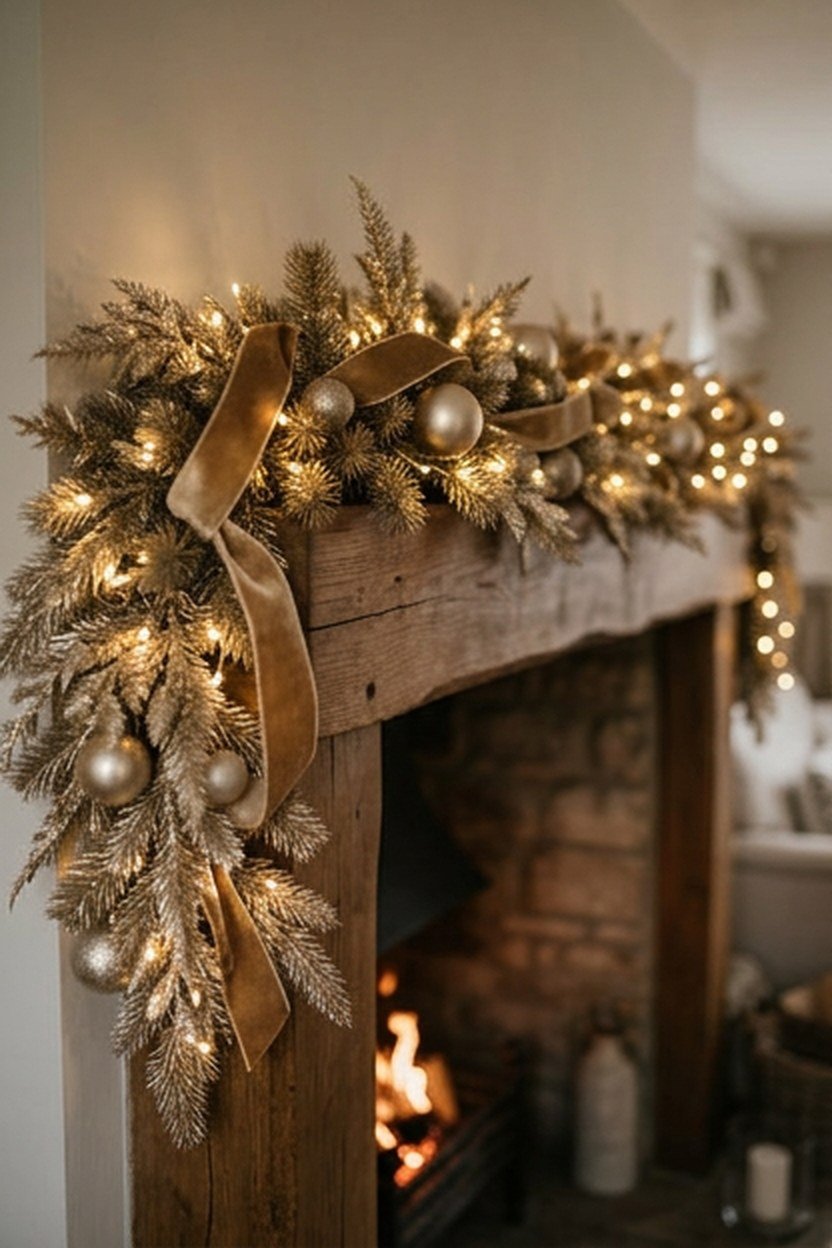 A champagne gold mantel garland mixed with velvet ribbon
