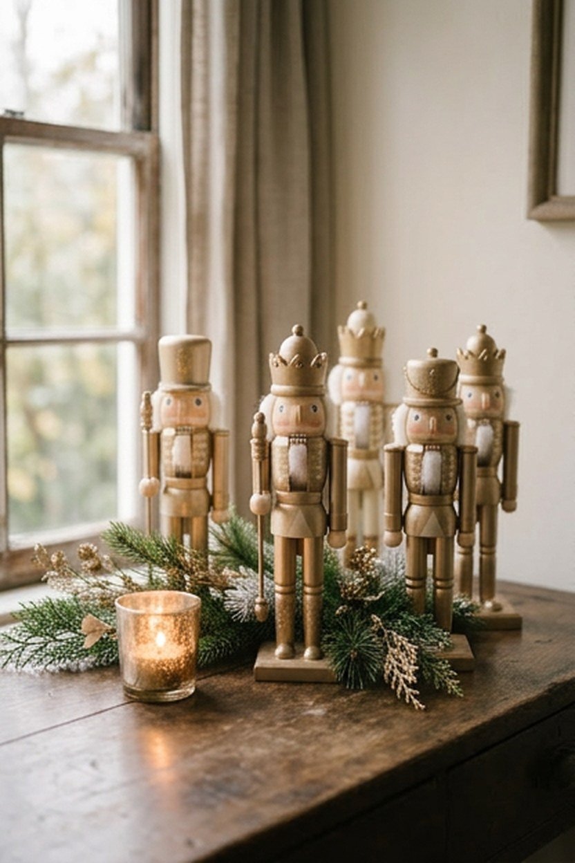 A champagne gold nutcracker figurine display arranged on a console table