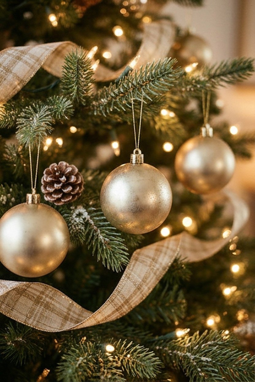 A champagne gold ornament tree lit with warm white string lights