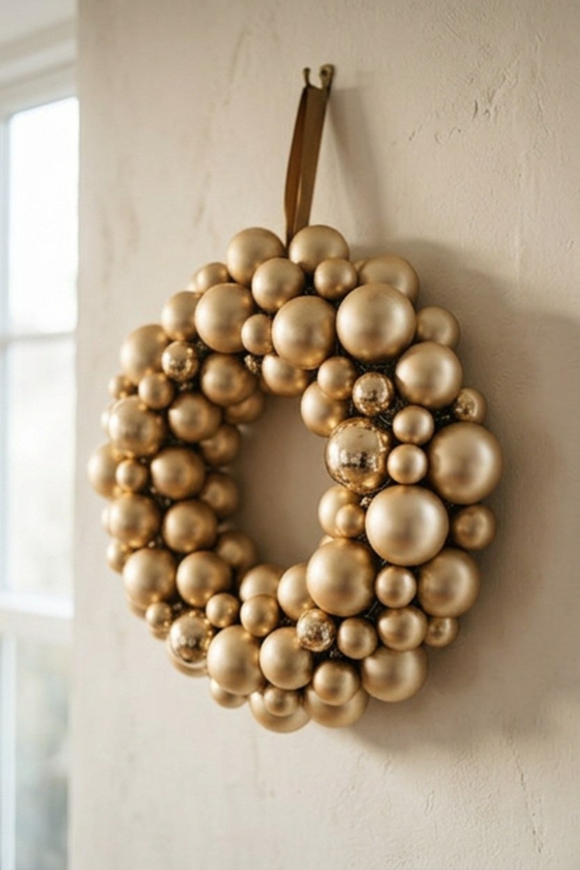 A champagne gold ornament wreath used as a wall accent