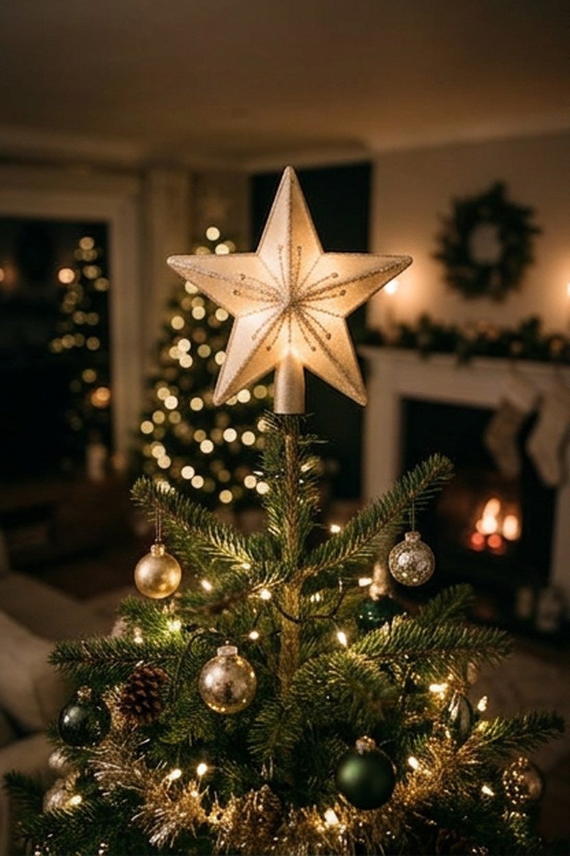 A champagne gold star tree topper at the peak of a Christmas tree