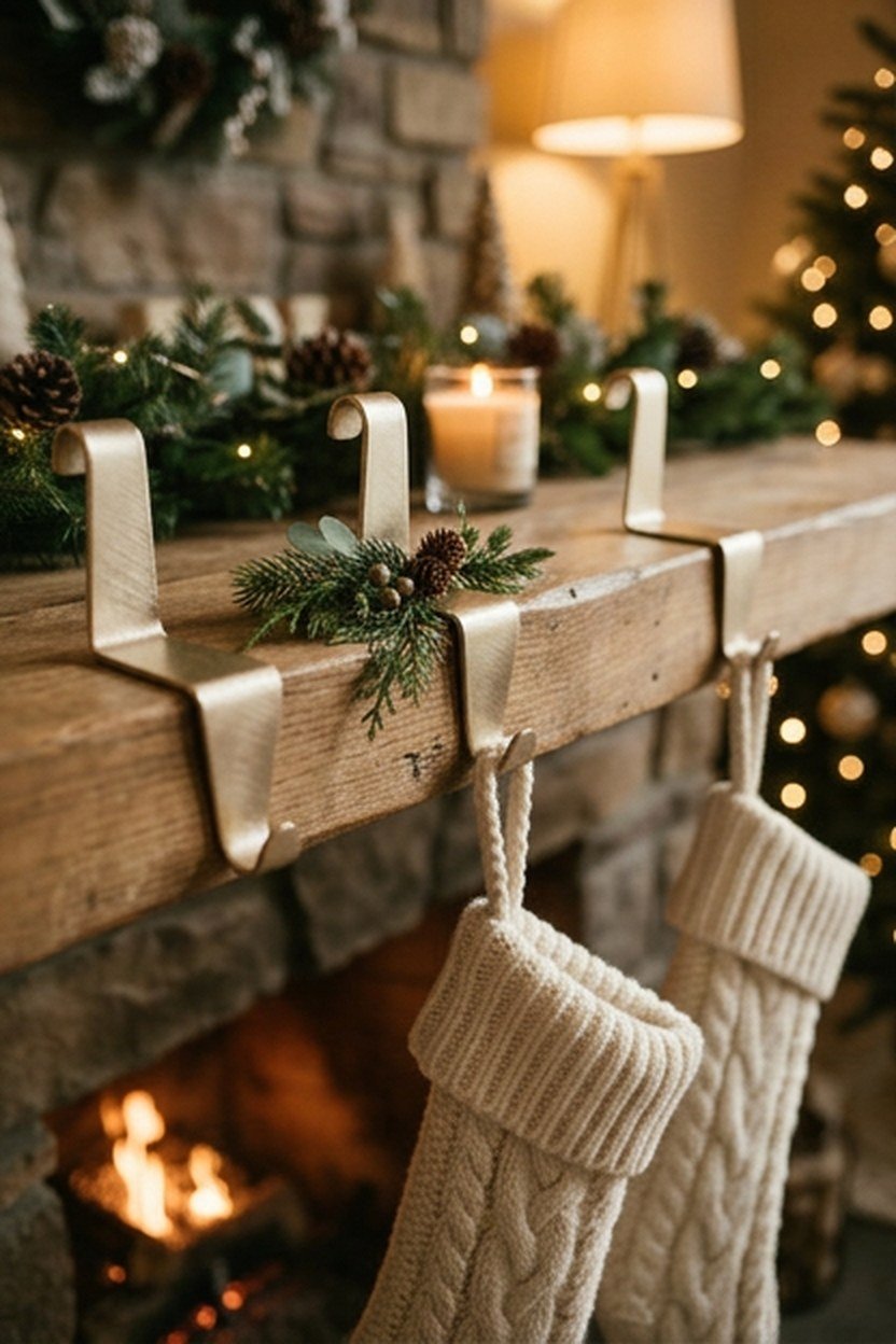 Champagne gold stocking holders hanging along a mantel edge
