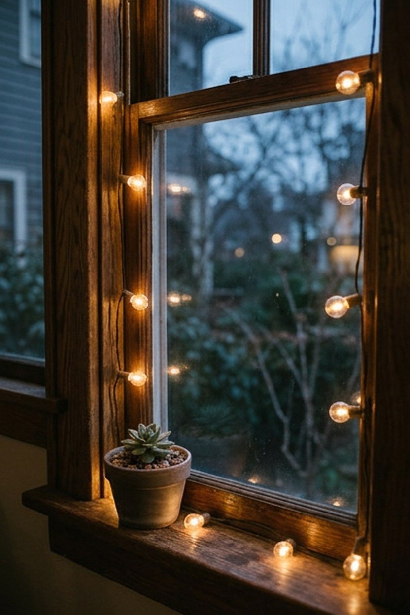 Champagne gold toned string lights framing a window and doorway