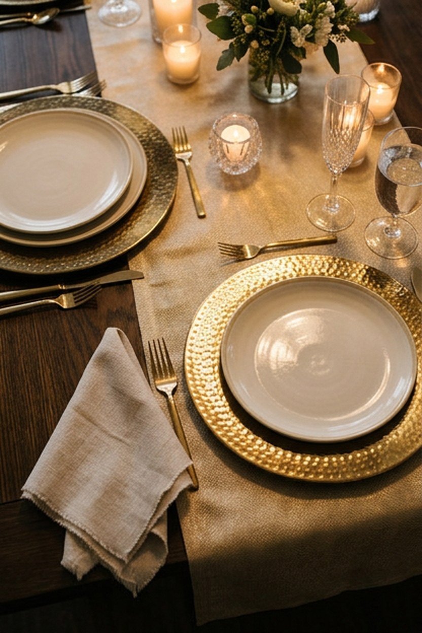 A champagne gold table runner with metallic charger plates