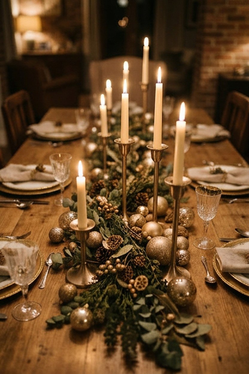 A champagne gold tablescape centerpiece with candles and greenery