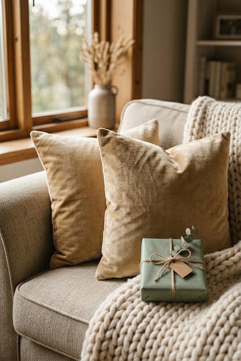 Champagne gold throw pillows and a velvet blanket on a sofa