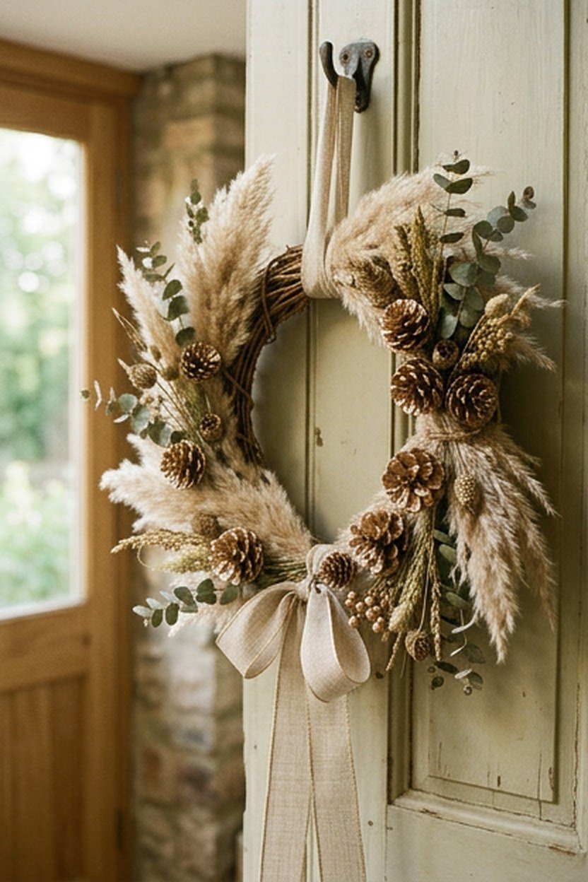 A champagne gold wreath made with dried botanicals on an entryway door