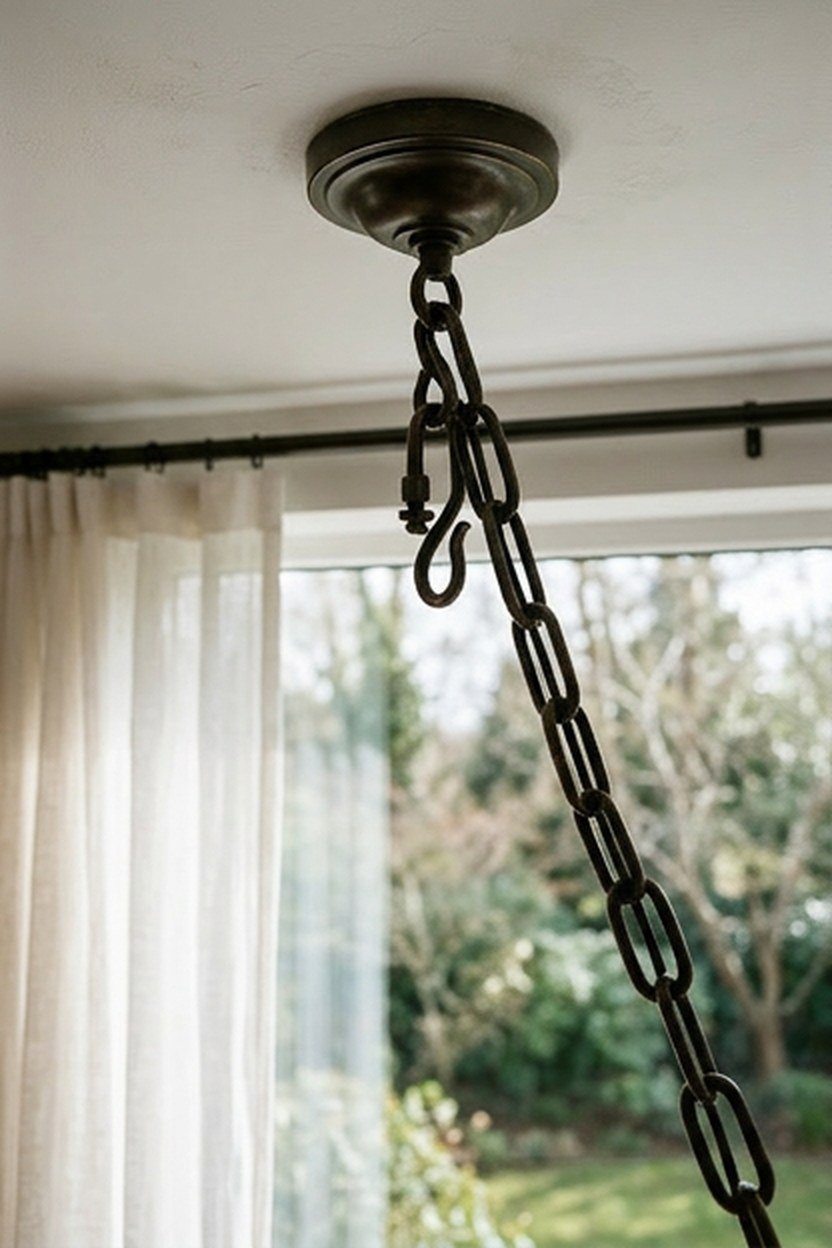 A chandelier with an adjustable chain hanging in a bedroom