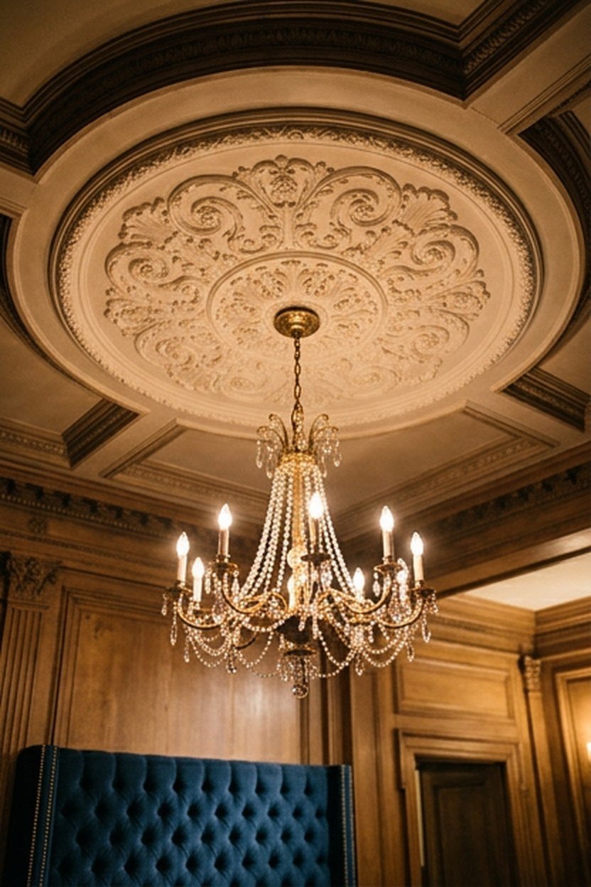 A chandelier paired with a decorative ceiling medallion in a bedroom