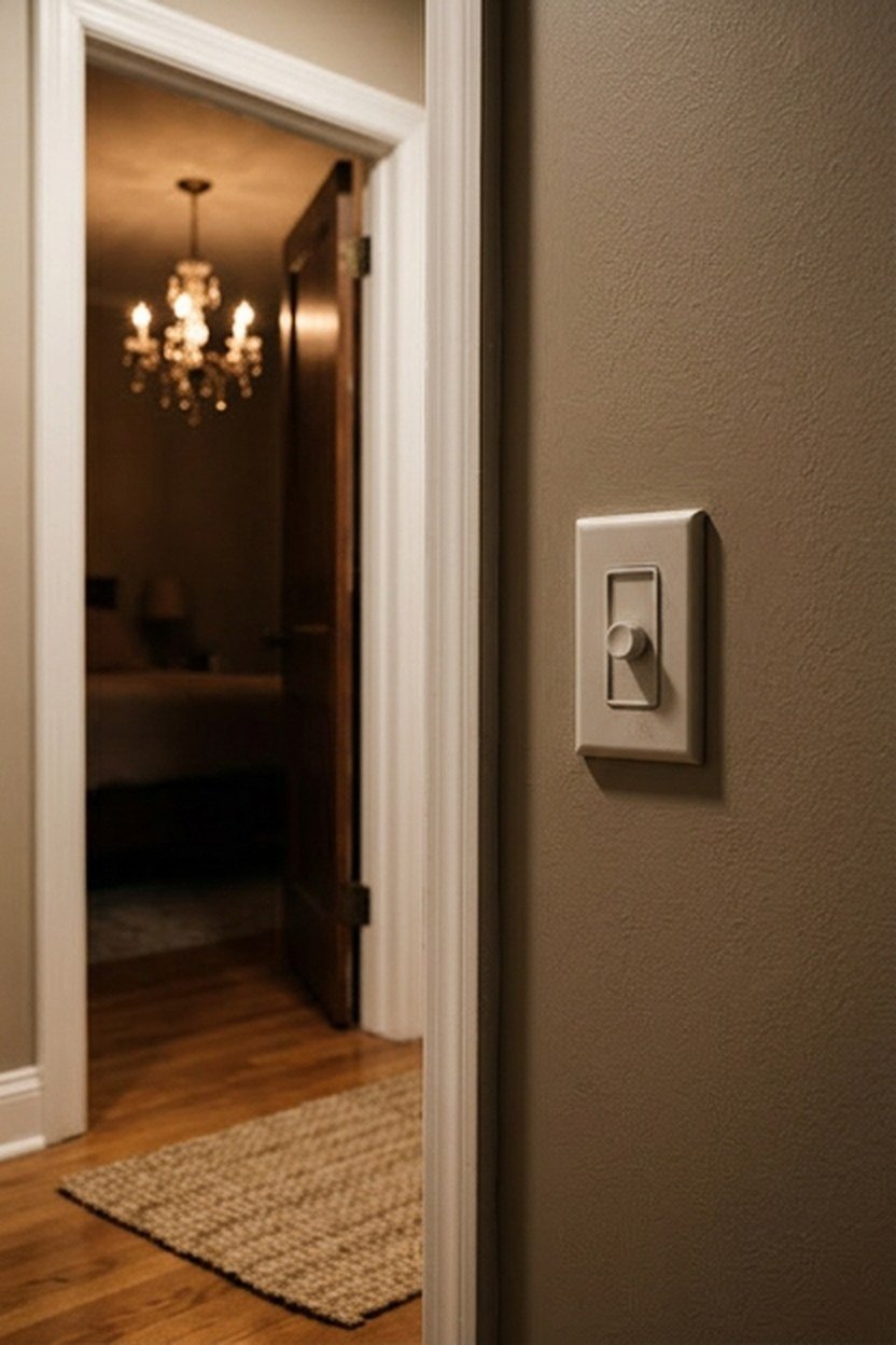 A bedroom chandelier paired with a dimmer switch on the wall