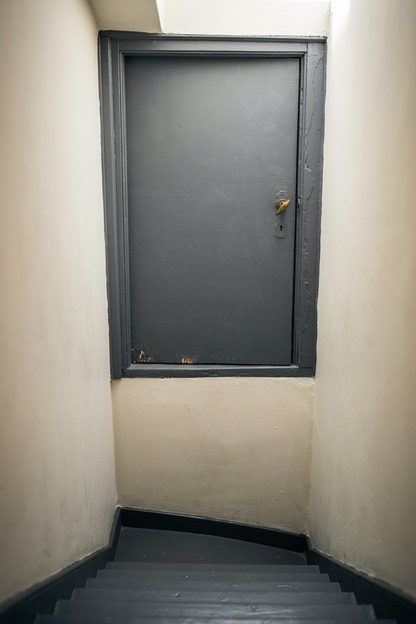 Charcoal painted door and frame at the top of an attic stair
