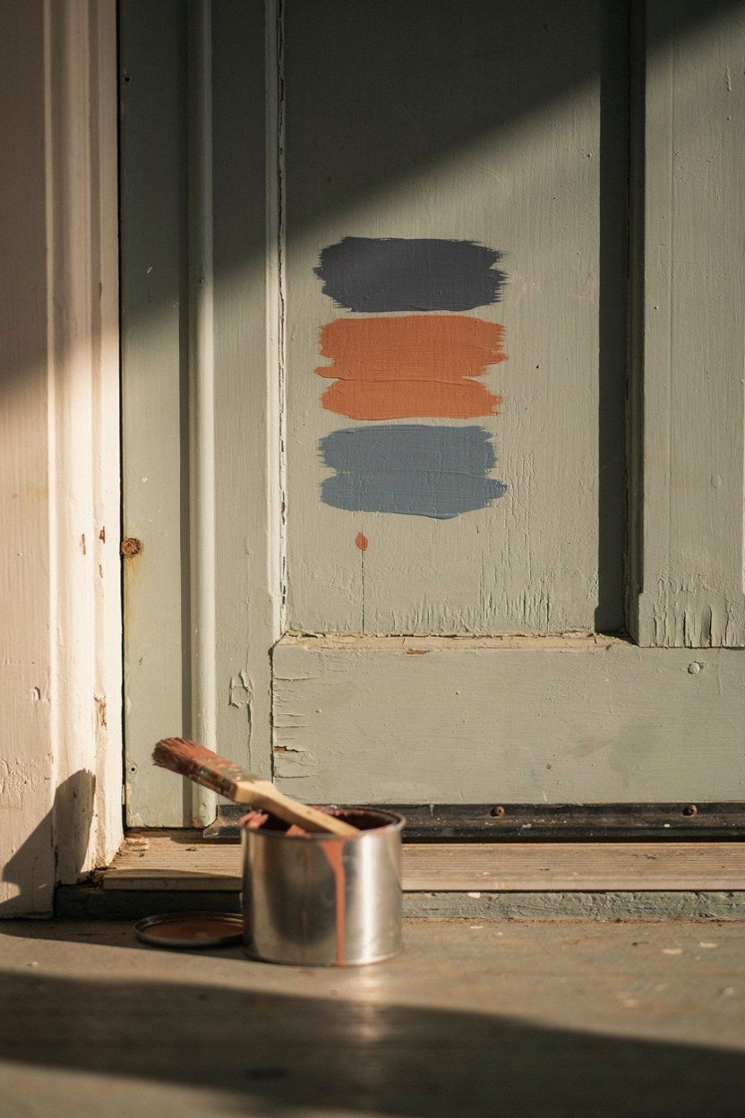 Three dark paint swatches brushed onto a front door