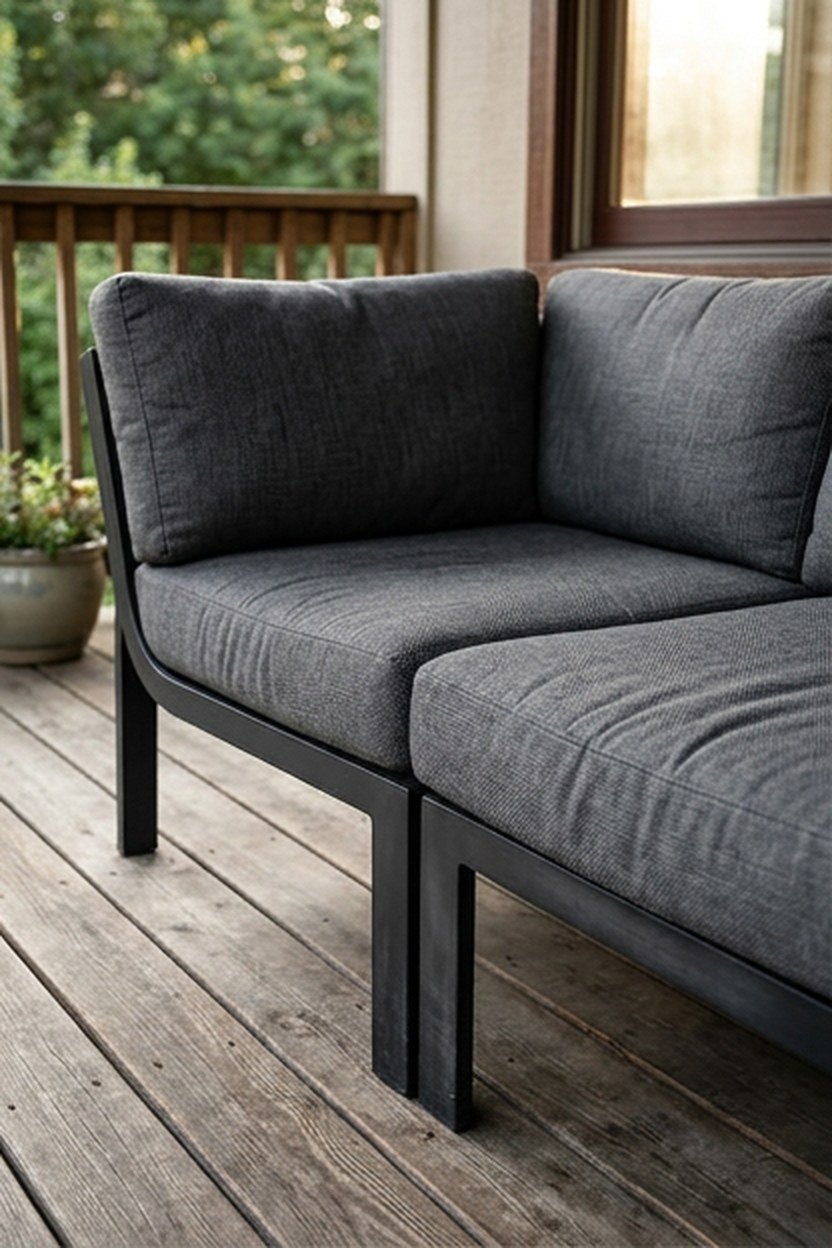 A charcoal grey outdoor sectional sofa on a back porch