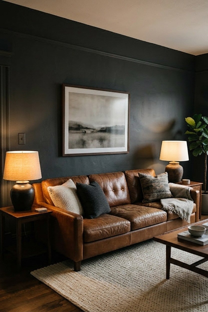 Charcoal walls and a cognac leather sofa in a moody living room