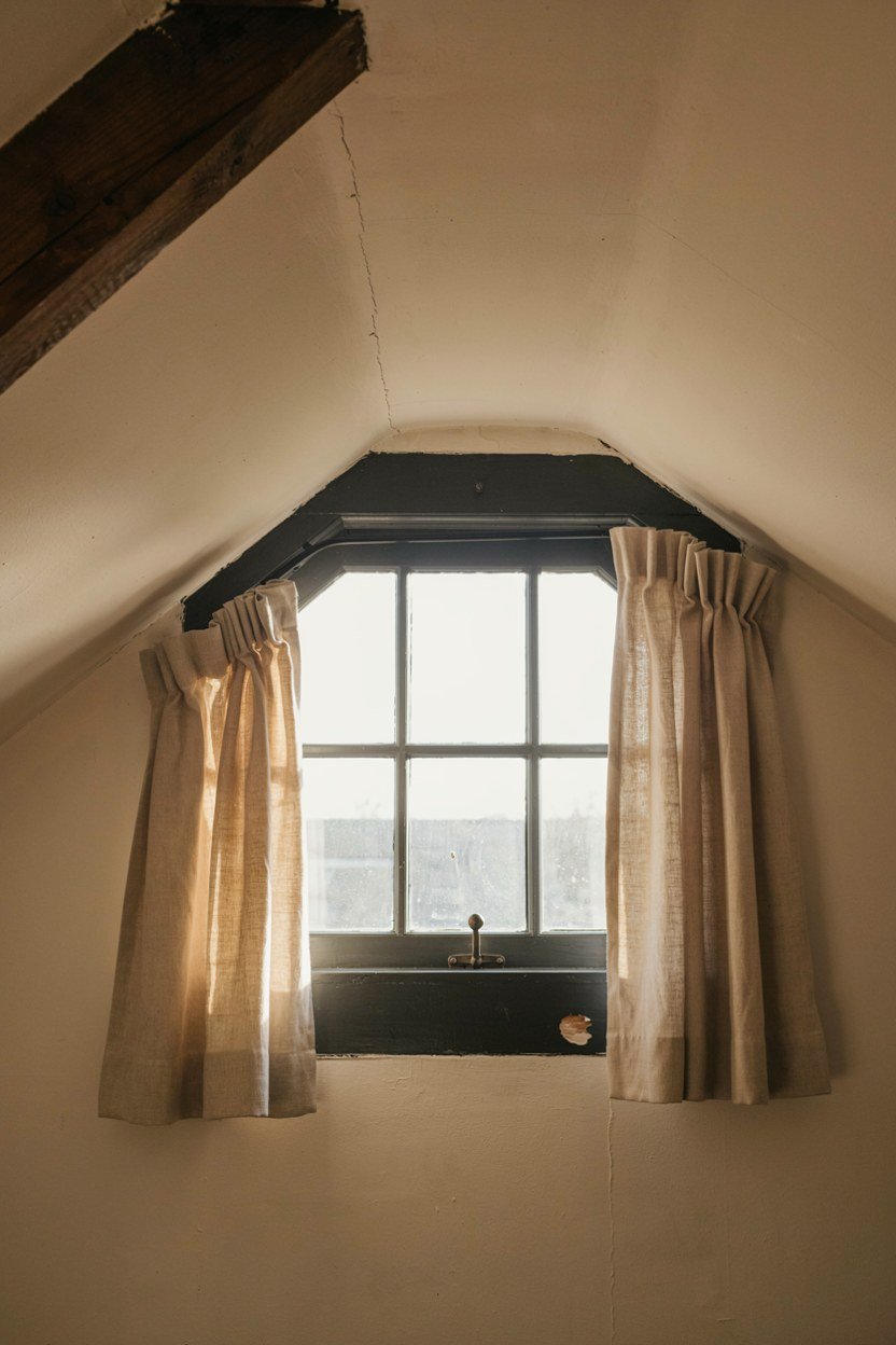 Deep charcoal window reveal framing a bright attic window