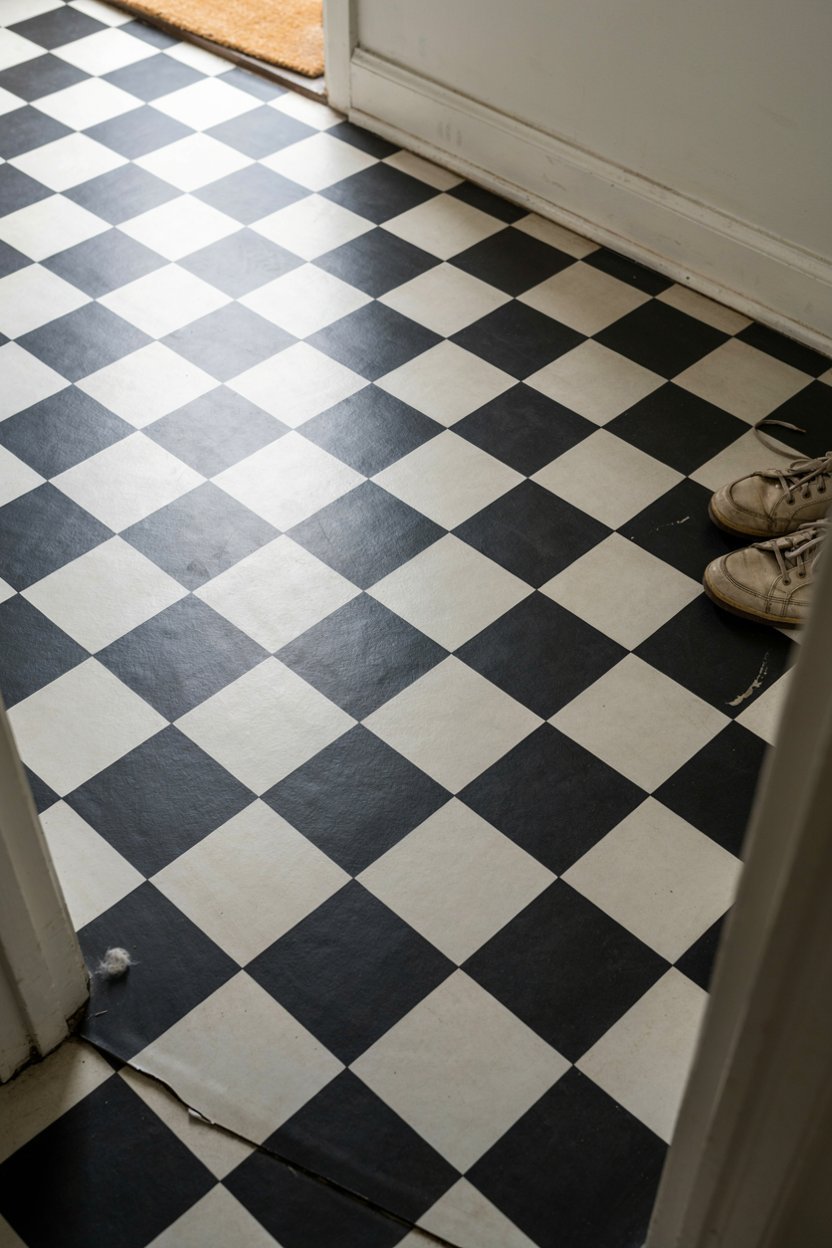 Black and white checkerboard peel and stick floor in a small apartment entryway