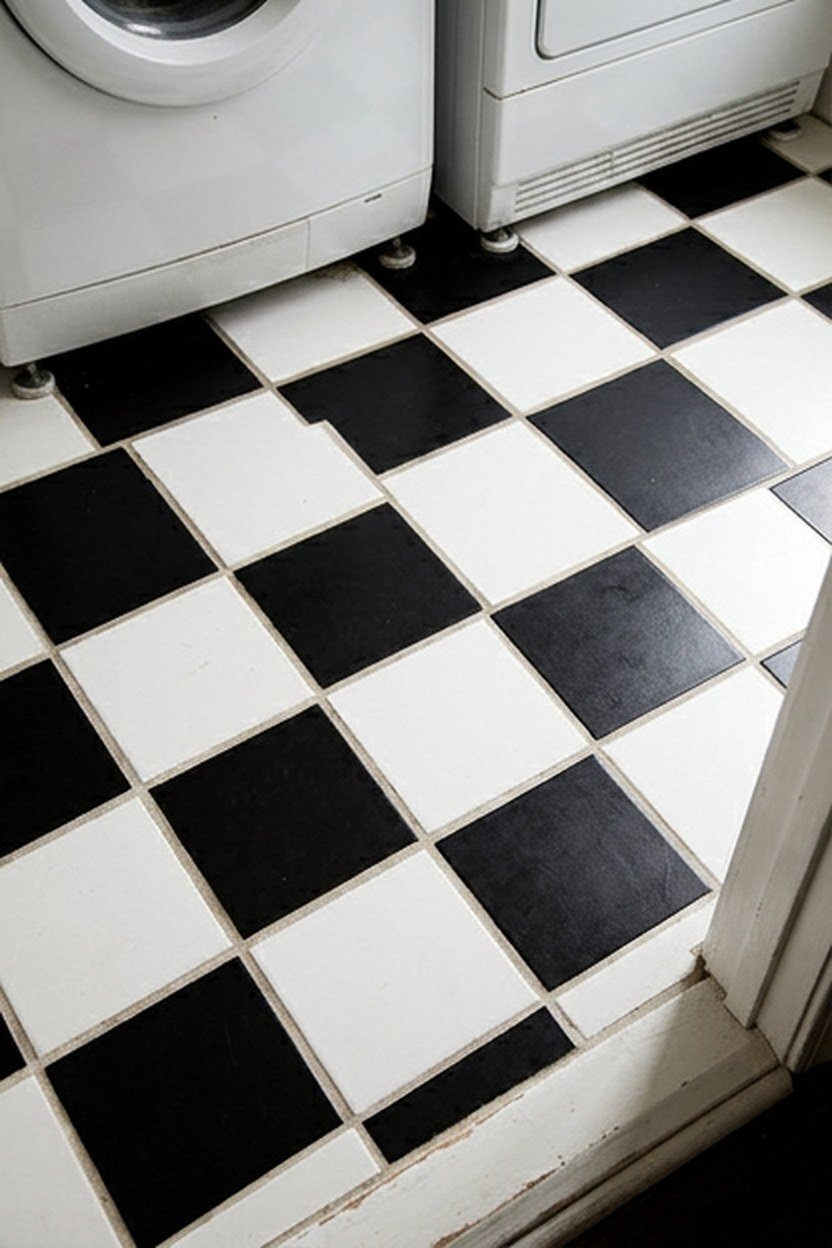 A black and white checkerboard tile floor in a farmhouse laundry room