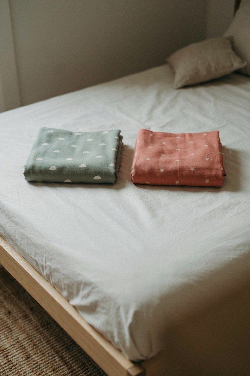 Two folded bedding sets in different colours ready to choose from