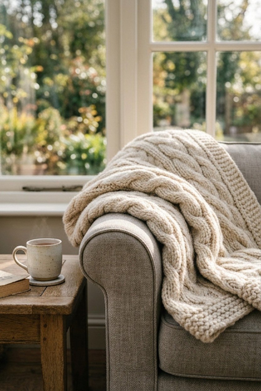 A chunky knit throw blanket draped over sunroom seating