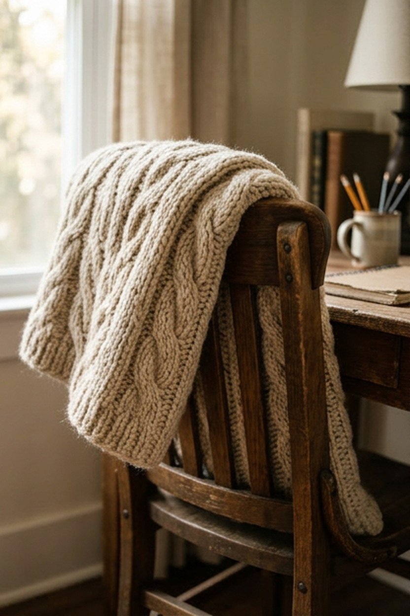 A chunky knit throw draped over a home office desk chair