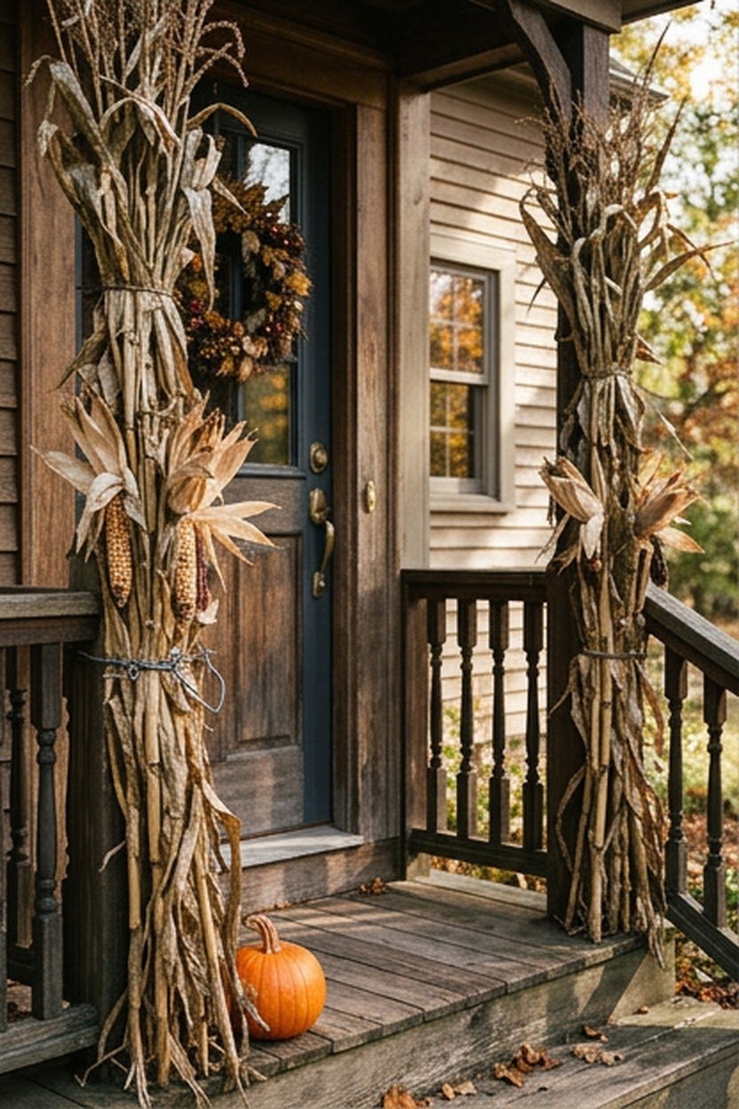 Toasted cinnamon toned corn stalks flanking a front door