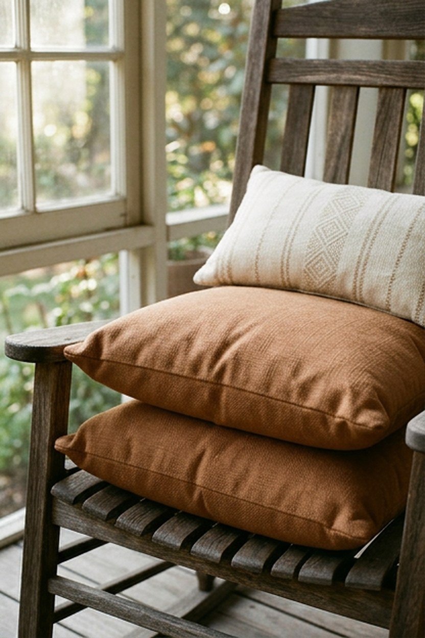Toasted cinnamon outdoor throw pillows on a porch rocking chair