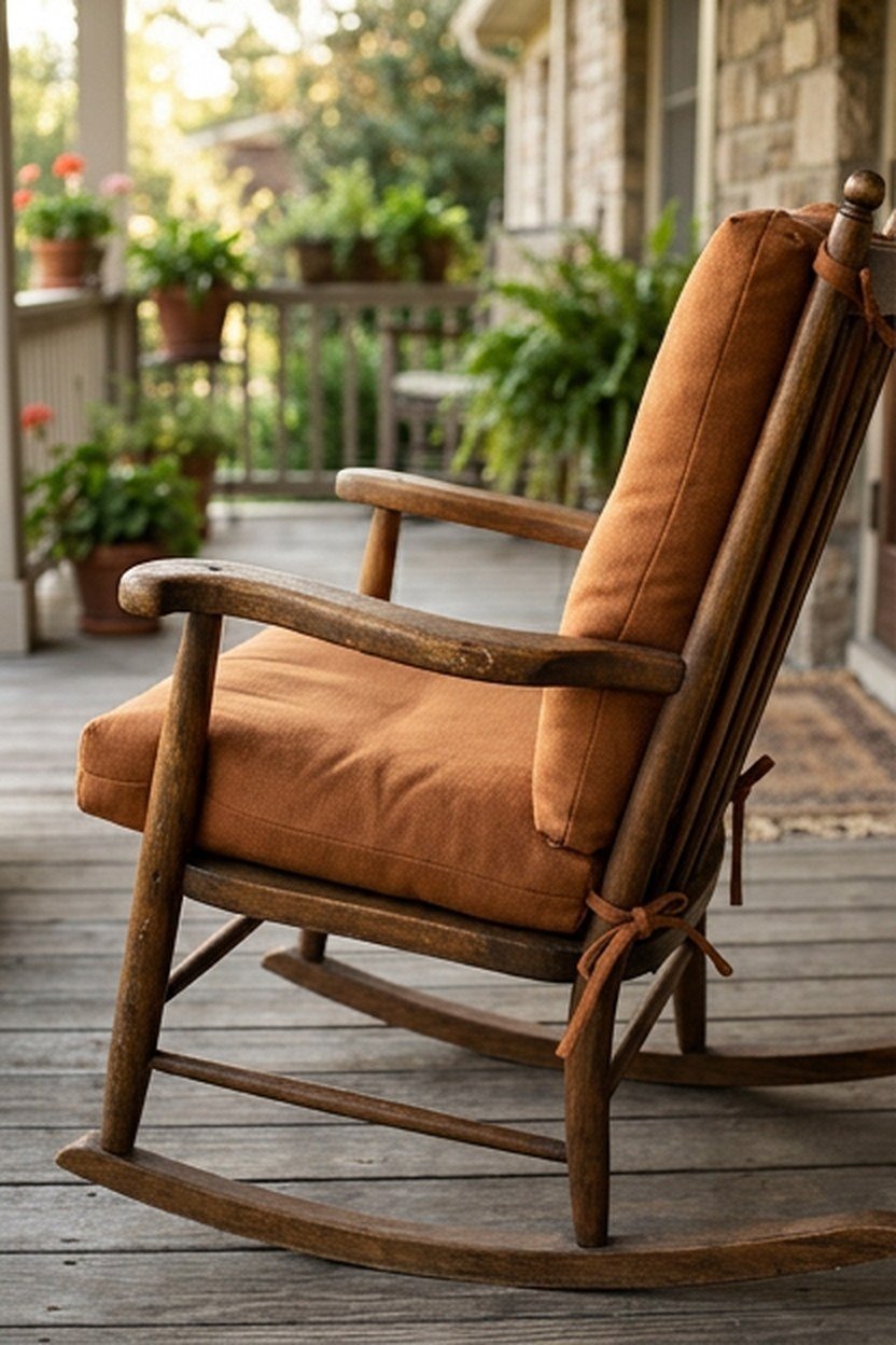 Toasted cinnamon cushions on a porch rocking chair