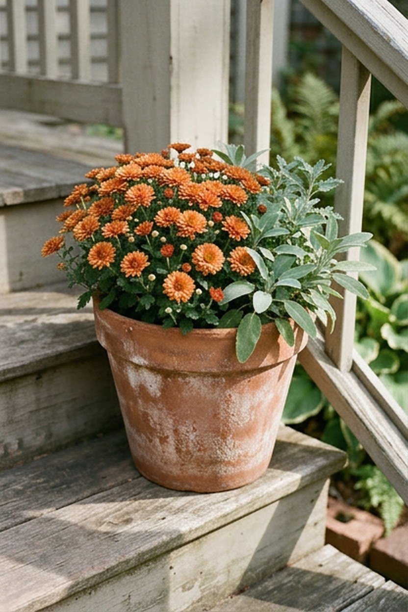 Toasted cinnamon mums paired with sage green foliage in porch planters