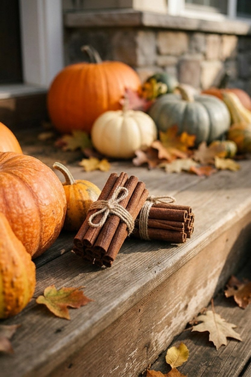 Small bundles of real cinnamon sticks tied with twine as porch accent decor