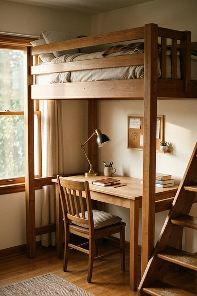 A classic loft bed with an open desk positioned underneath the sleeping platform