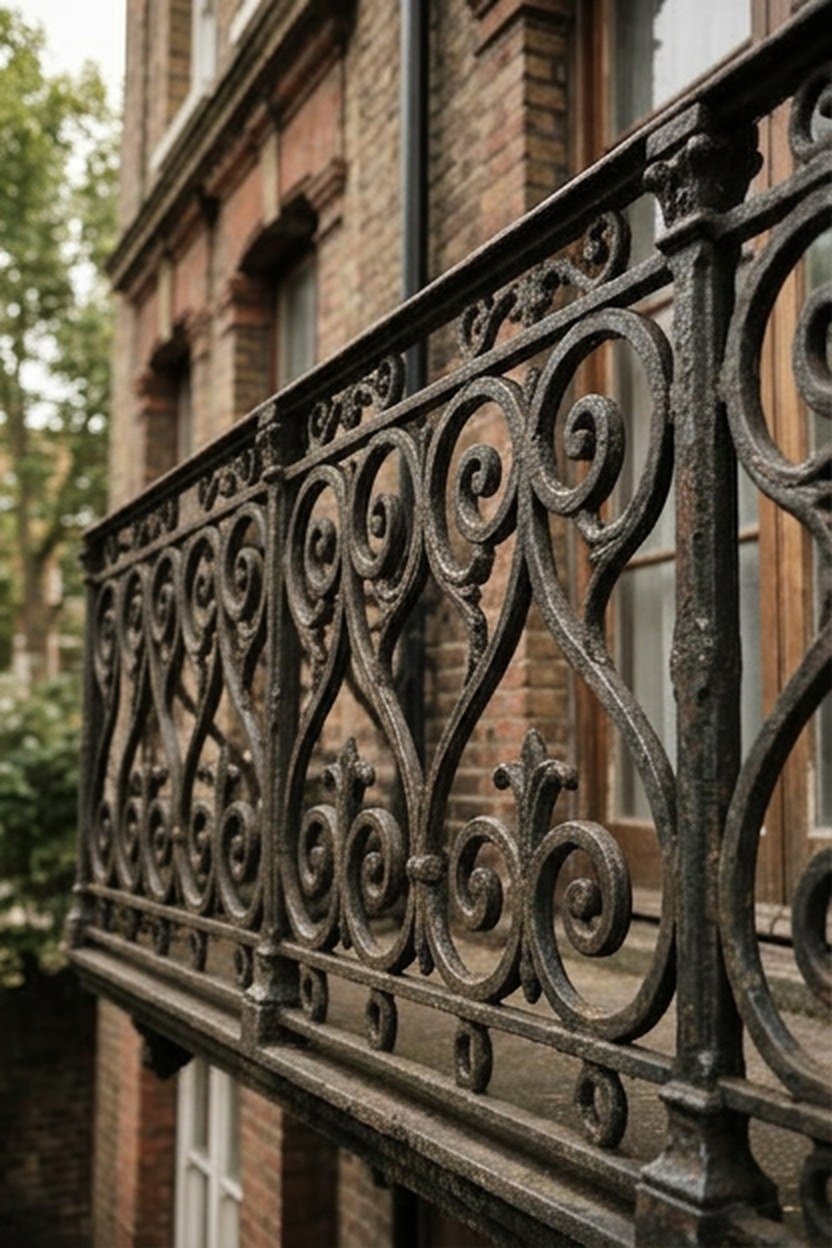 A classic Victorian scrollwork panel design on a balcony grill