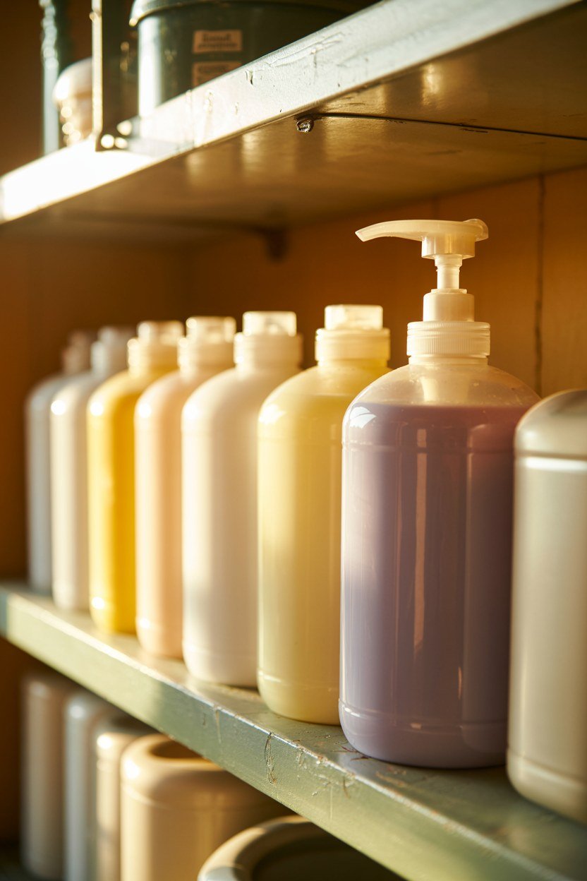 Clear labelled containers of detergent lined up on a laundry shelf