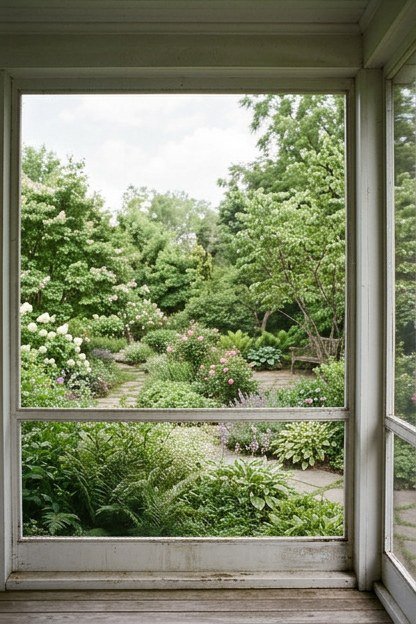 A completely unobstructed screen wall on a white porch framing the garden view
