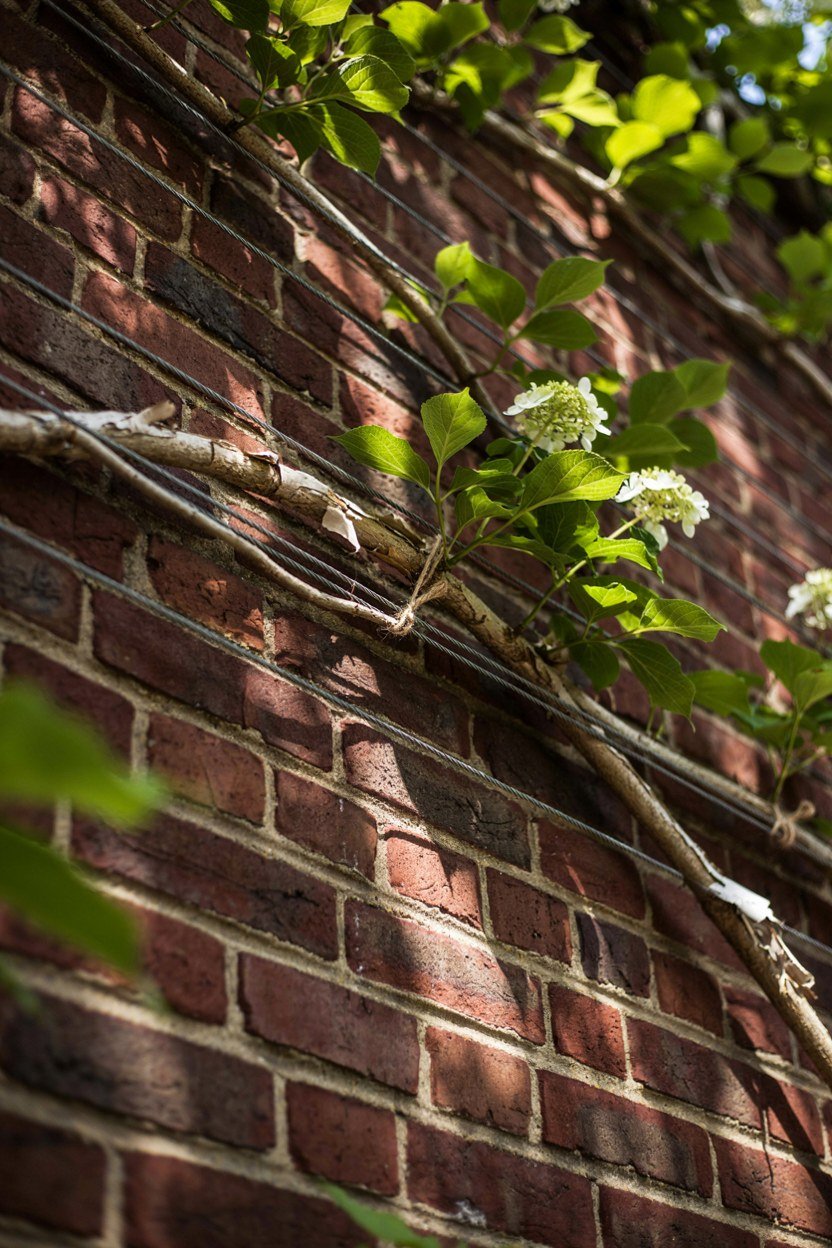 Climbing hydrangea trained on horizontal wires up a garden wall