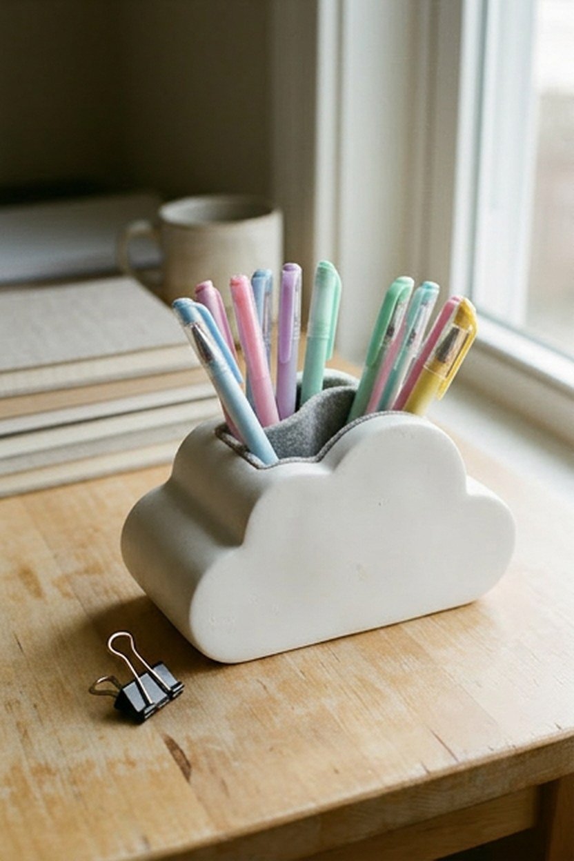 A close view of a white cloud shaped pen holder filled with pastel pens on a desk